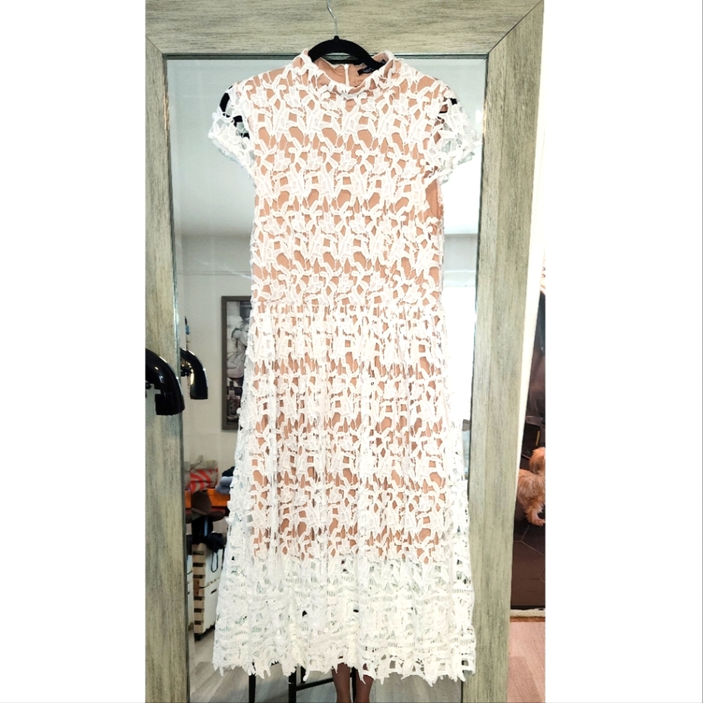 White and Nude Lace Midi Flare Dress self-portrait style
